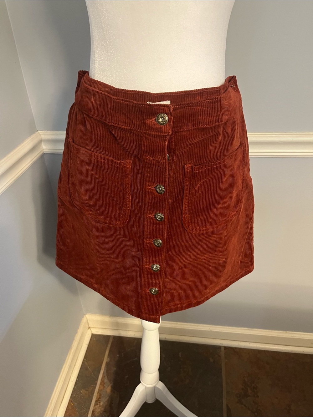 Sneak Peek Rust Corduroy Button-Front Mini Skirt